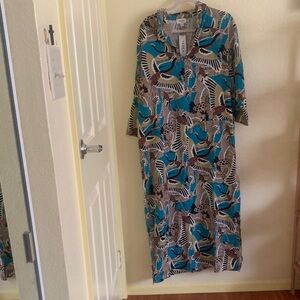 NWT TEREA Stylish Blue and Brown Patterned Maxi Dress